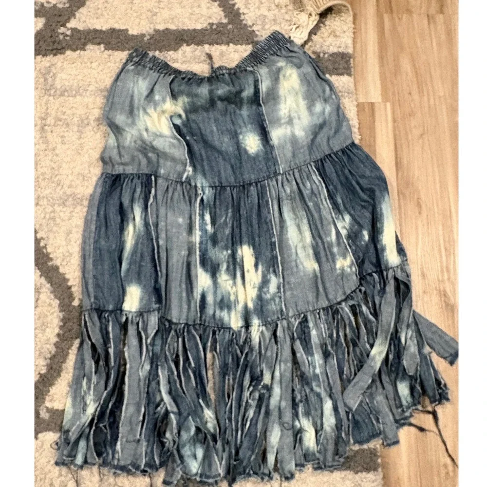 A Rare Bird Fringe With It Skirt Denim Maxi Boho Tiered Acid Wash L XL xx